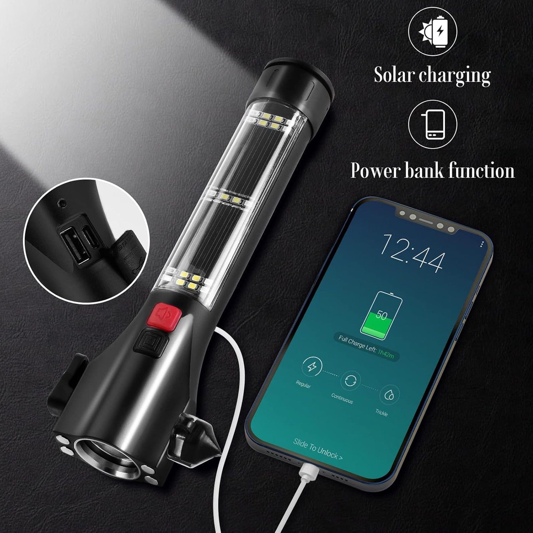 Solar Car Emergency Tool: Hammer, Flashlight, Seatbelt Cutter - Image 2